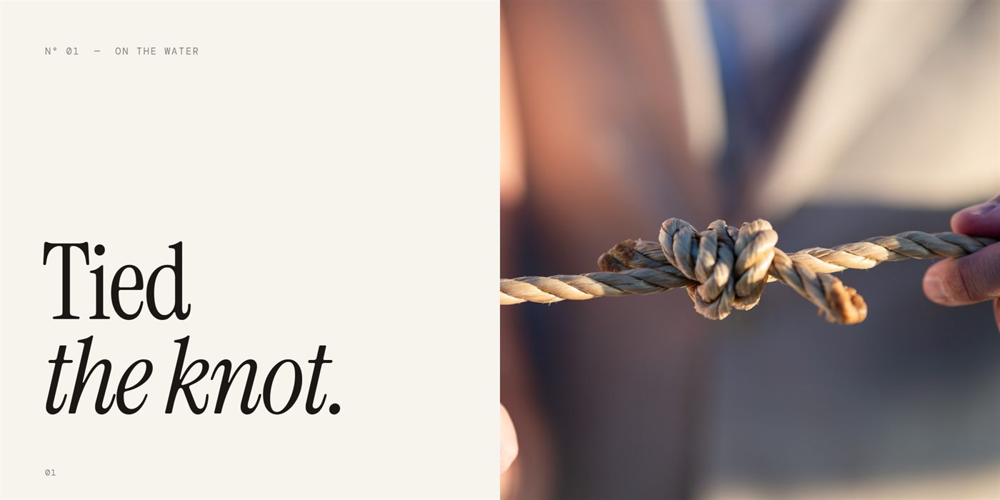 Album spread: 'Tied the knot.' opposite a photo of a knotted rope