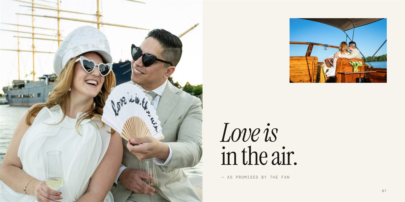 Album spread: the couple with a 'love is in the air' fan opposite a quiet page